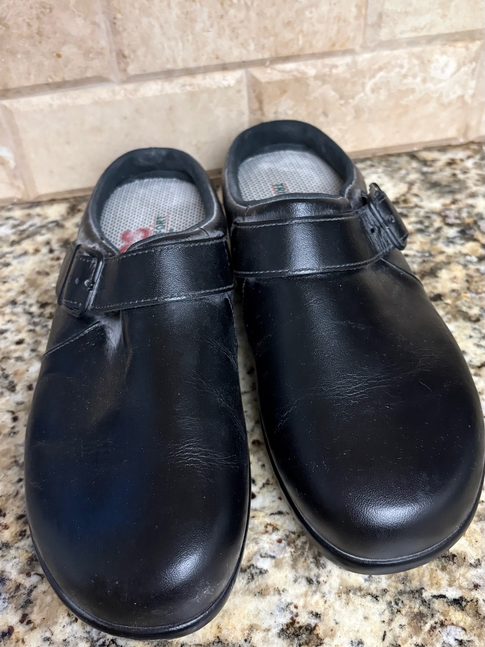 SAS Black Women's Leather Slip-On Clog with Buckle Accent